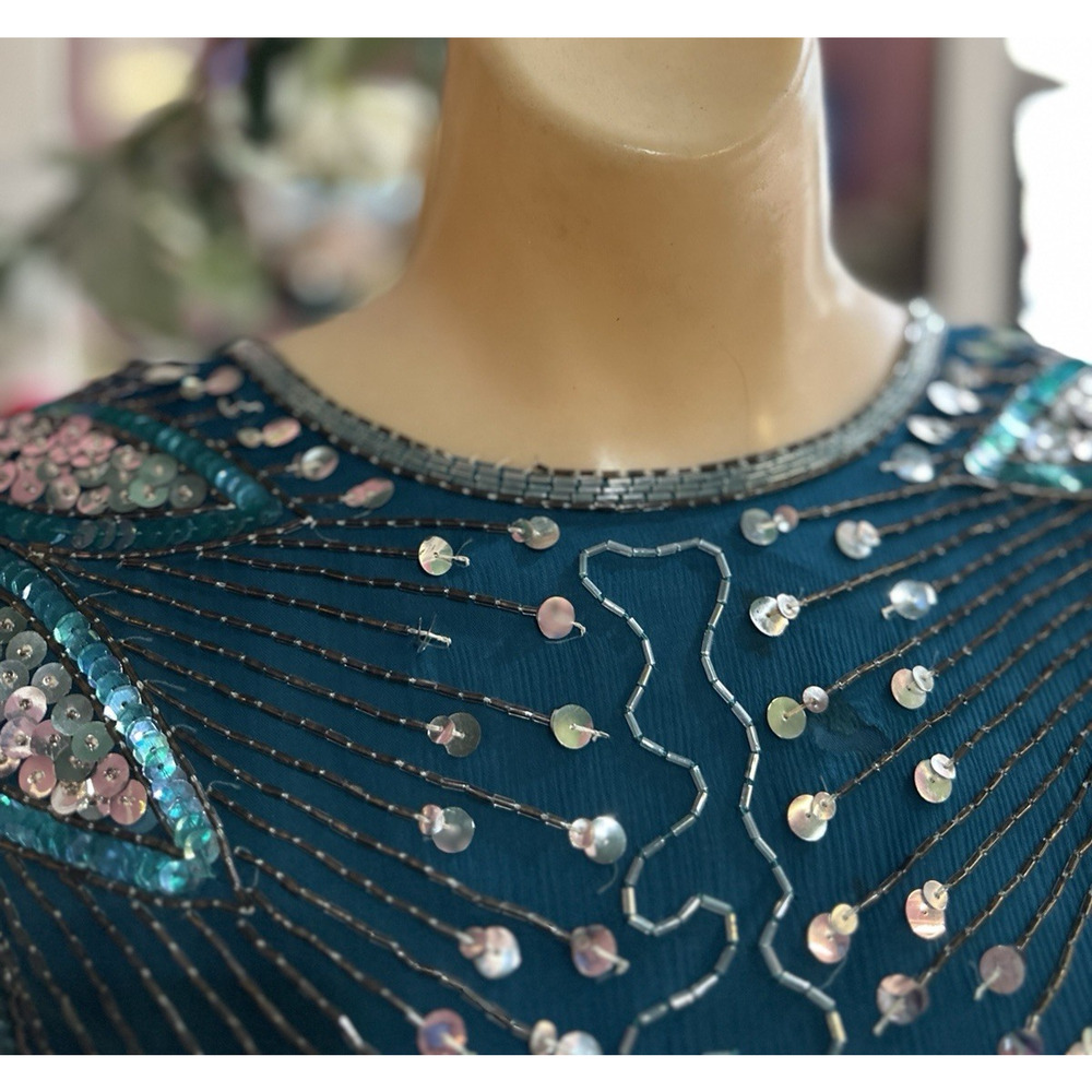 Vintage 80s Beaded Mini Dress Green Silver Open Back Cocktail Evening S/M - Picture 6 of 9